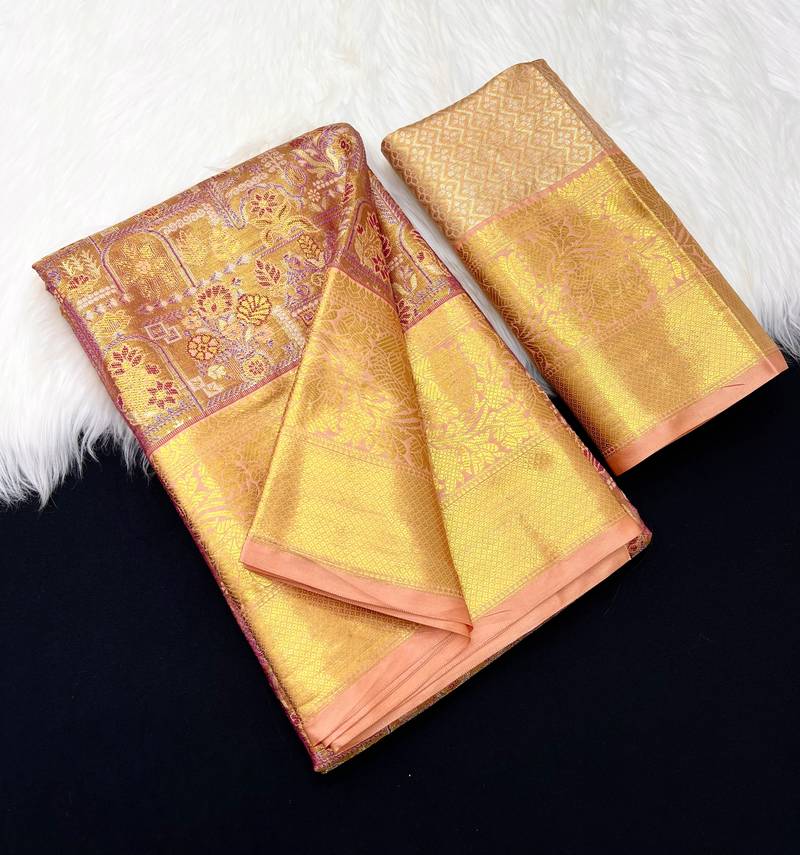 peach woven kanchipuram silk blend saree with blouse piece