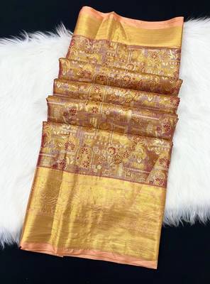peach woven kanchipuram silk blend saree with blouse piece 2