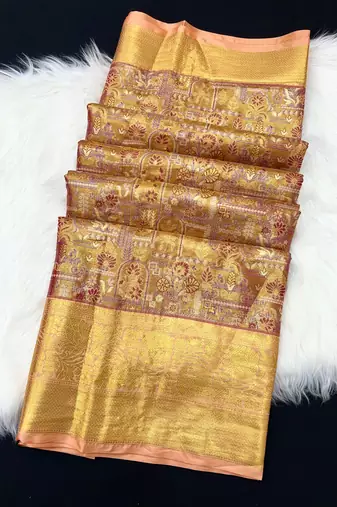 peach woven kanchipuram silk blend saree with blouse piece