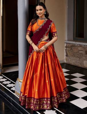 Beautiful Rust Orange Silk Half Saree Lehenga With Sequins Dupatta 1