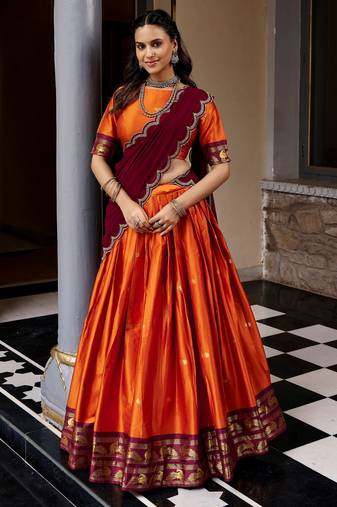 Beautiful Rust Orange Silk Half Saree Lehenga With Sequins Dupatta