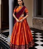Beautiful Rust Orange Silk Half Saree Lehenga With Sequins Dupatta