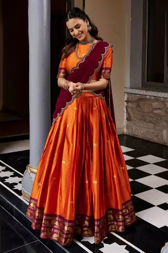 Beautiful Rust Orange Silk Half Saree Lehenga With Sequins Dupatta