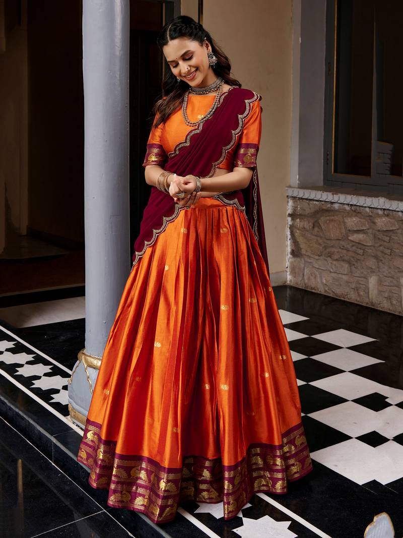 Beautiful Rust Orange Silk Half Saree Lehenga With Sequins Dupatta