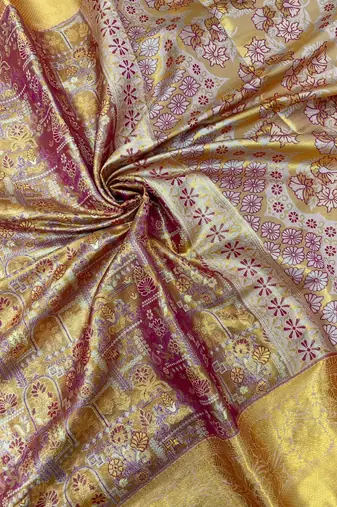 peach woven kanchipuram silk blend saree with blouse piece