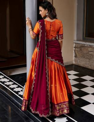 Beautiful Rust Orange Silk Half Saree Lehenga With Sequins Dupatta 4