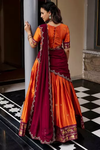 Beautiful Rust Orange Silk Half Saree Lehenga With Sequins Dupatta