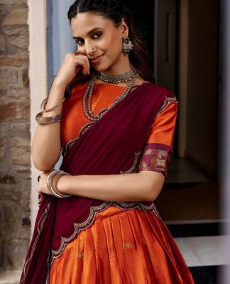 Beautiful Rust Orange Silk Half Saree Lehenga With Sequins Dupatta 5