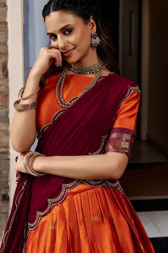 Beautiful Rust Orange Silk Half Saree Lehenga With Sequins Dupatta