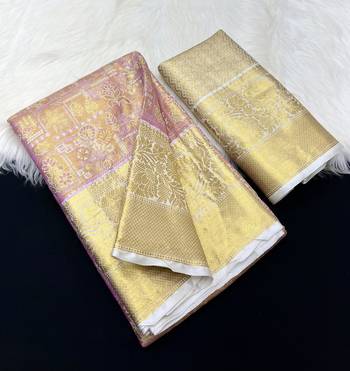 pink woven kanchipuram silk blend saree with blouse piece 1