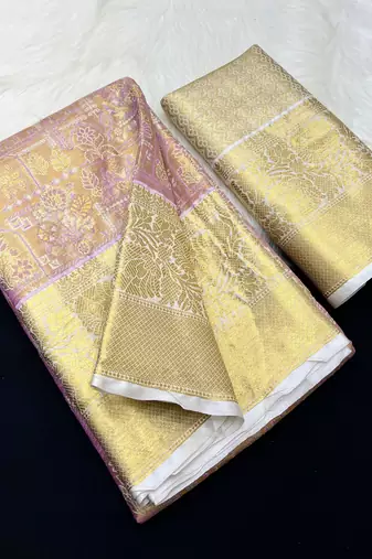 pink woven kanchipuram silk blend saree with blouse piece
