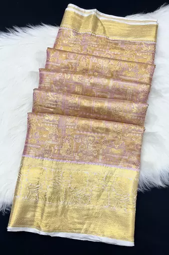 pink woven kanchipuram silk blend saree with blouse piece