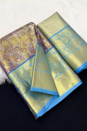 purple woven kanchipuram silk blend saree with blouse piece