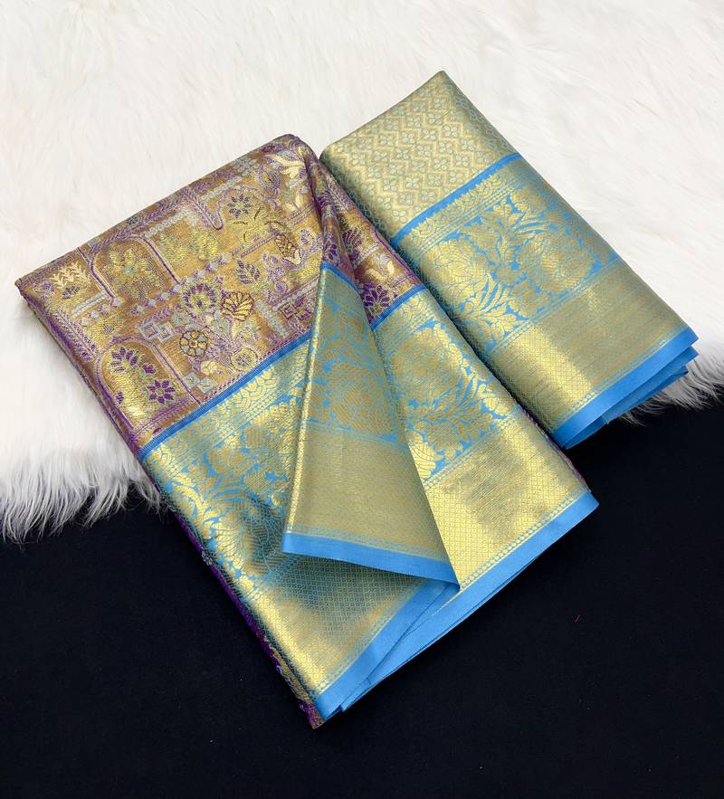 purple woven kanchipuram silk blend saree with blouse piece