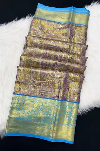 purple woven kanchipuram silk blend saree with blouse piece