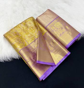 yellow woven kanchipuram silk blend saree with blouse piece 1