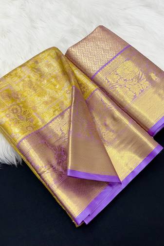 yellow woven kanchipuram silk blend saree with blouse piece