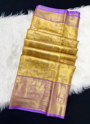 yellow woven kanchipuram silk blend saree with blouse piece 2