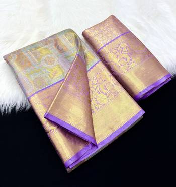 lavender woven kanchipuram silk blend saree with blouse piece 1