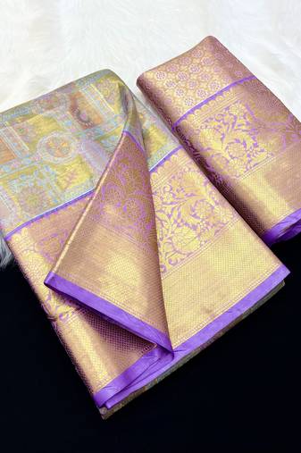 lavender woven kanchipuram silk blend saree with blouse piece