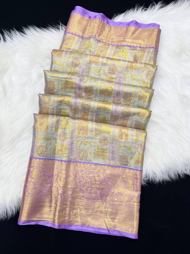 lavender woven kanchipuram silk blend saree with blouse piece