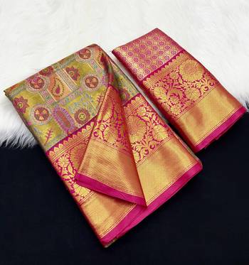 olive green woven kanchipuram silk blend saree with blouse piece 1