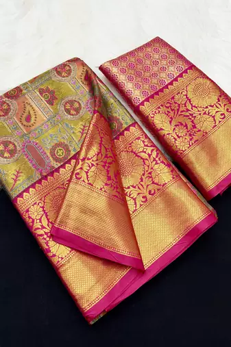 olive green woven kanchipuram silk blend saree with blouse piece