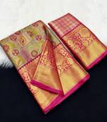 olive green woven kanchipuram silk blend saree with blouse piece