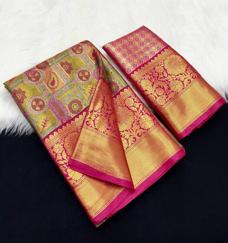 olive green woven kanchipuram silk blend saree with blouse piece