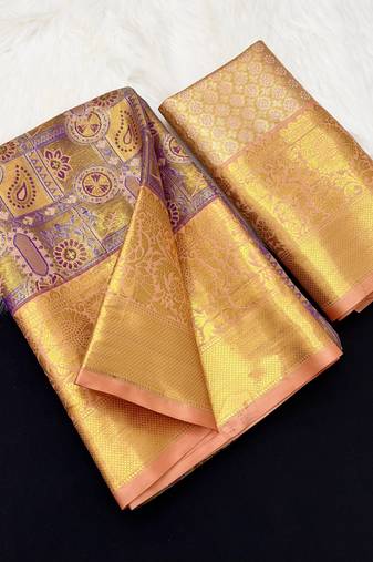 peach woven kanchipuram silk blend saree with blouse piece