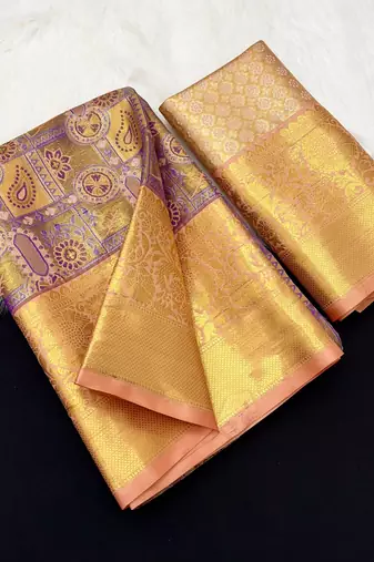 peach woven kanchipuram silk blend saree with blouse piece