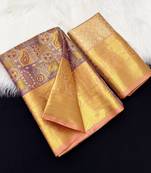 peach woven kanchipuram silk blend saree with blouse piece