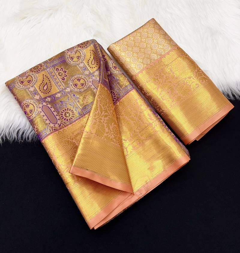 peach woven kanchipuram silk blend saree with blouse piece
