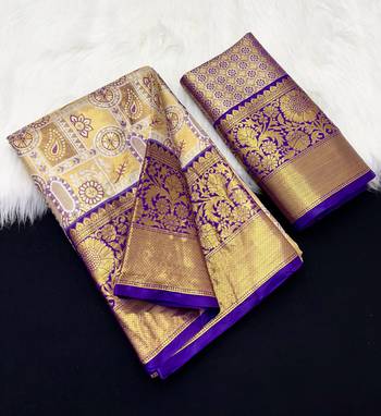 purple woven kanchipuram silk blend saree with blouse piece 1