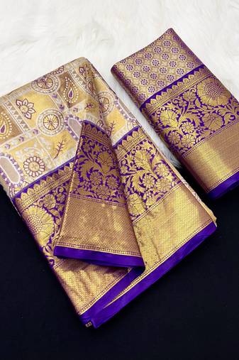 purple woven kanchipuram silk blend saree with blouse piece