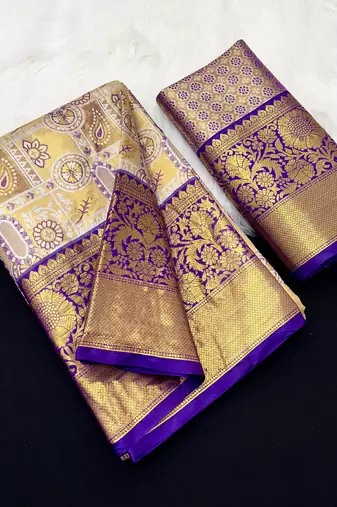 purple woven kanchipuram silk blend saree with blouse piece
