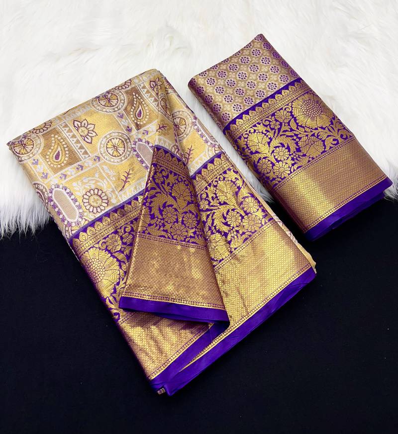 purple woven kanchipuram silk blend saree with blouse piece