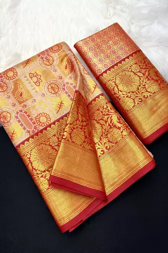 red woven kanchipuram silk blend saree with blouse piece