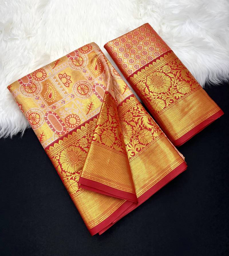 red woven kanchipuram silk blend saree with blouse piece