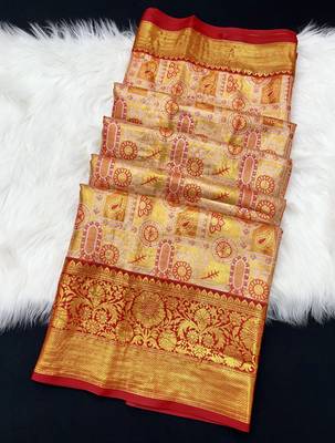 red woven kanchipuram silk blend saree with blouse piece 2