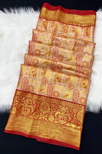 red woven kanchipuram silk blend saree with blouse piece