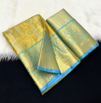 sky blue woven kanchipuram silk blend saree with blouse piece 1