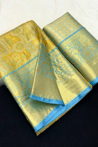 sky blue woven kanchipuram silk blend saree with blouse piece