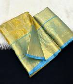 sky blue woven kanchipuram silk blend saree with blouse piece