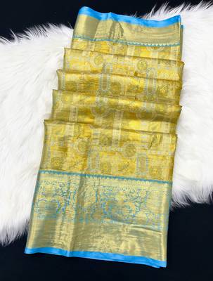 sky blue woven kanchipuram silk blend saree with blouse piece 2