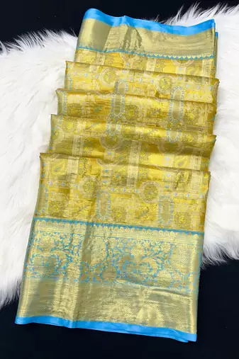 sky blue woven kanchipuram silk blend saree with blouse piece