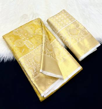 yellow woven kanchipuram silk blend saree with blouse piece 1