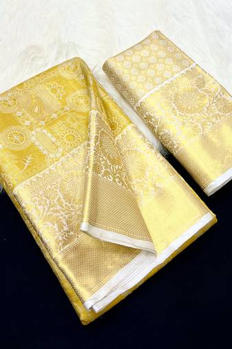 yellow woven kanchipuram silk blend saree with blouse piece