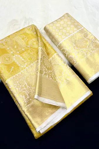 yellow woven kanchipuram silk blend saree with blouse piece
