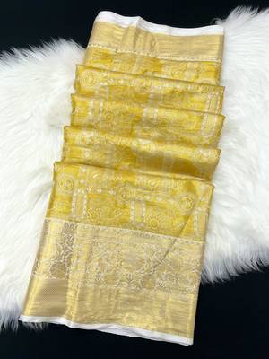 yellow woven kanchipuram silk blend saree with blouse piece 2